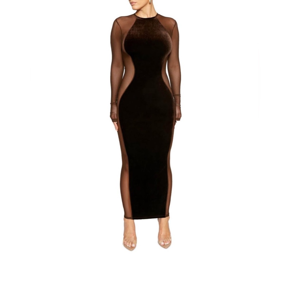 Elegant dark Brown Sheer Panel Dress